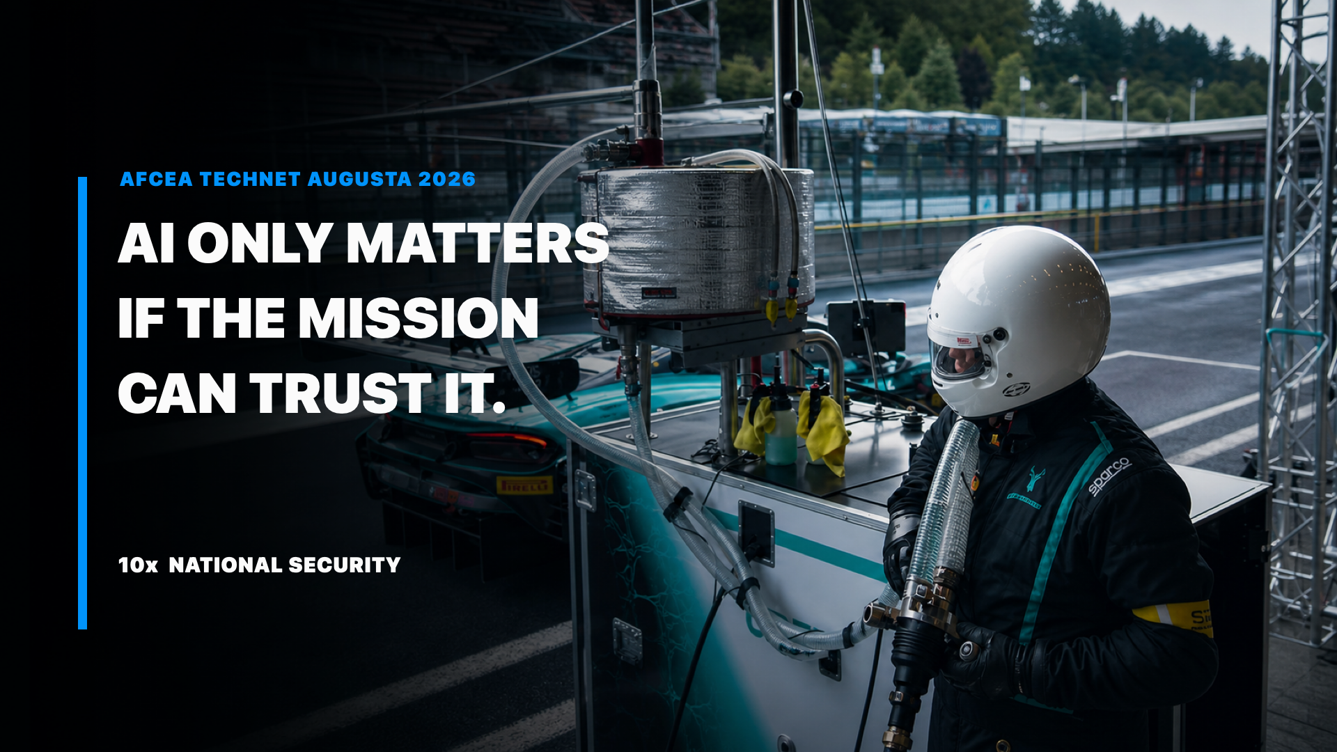 Race crew member beside a GT car with the message: AI only matters if the mission can trust it.