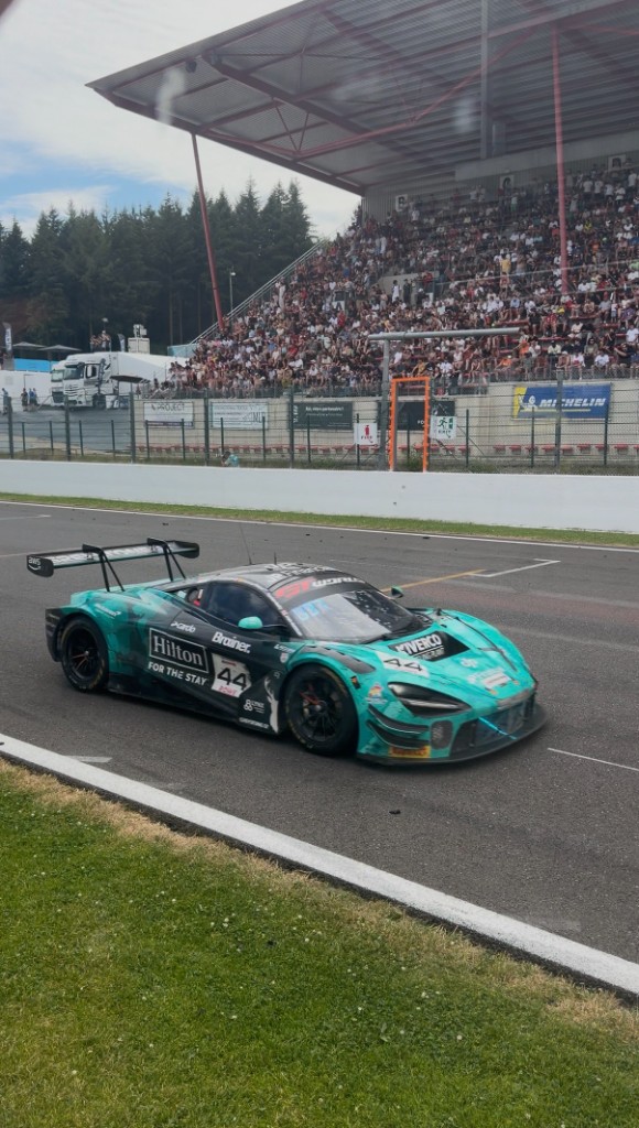 Greystone GT #44 McLaren crossing the finish at Spa-Francorchamps.